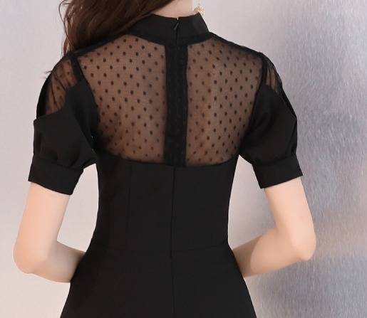 パーティードレス ドット ハイネック 半袖 パフスリーブ 膝丈 フレア A