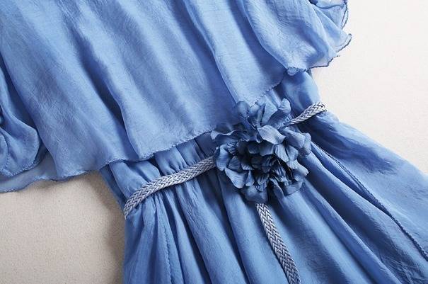 パーティードレス クルーネック 半袖 オープンショルダー 花ベルト ミディ丈 シフォン フレア チュール 無地 エレガント ふんわり パーティードレス クルーネック 半袖 オープンショルダー 花ベルト