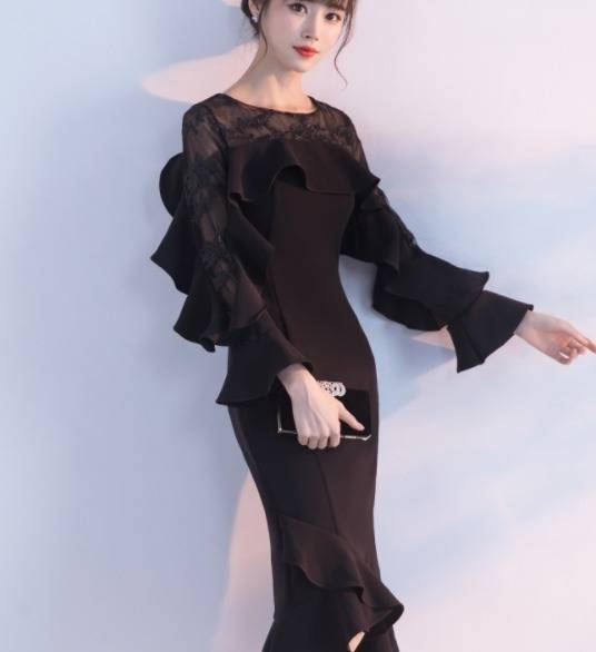 イブニングパーティードレス 可愛い ボートネック フリル マーメイド