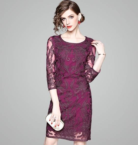 パーティードレス 立体感 刺繍 七分袖 2色 レース ボートネック ミニ丈 膝上丈 タイト 透け感 フェミニン エレガント パーティー 結婚式 パーティードレス 立体感 刺繍 七分袖 2色 レース ボートネック ミニ丈