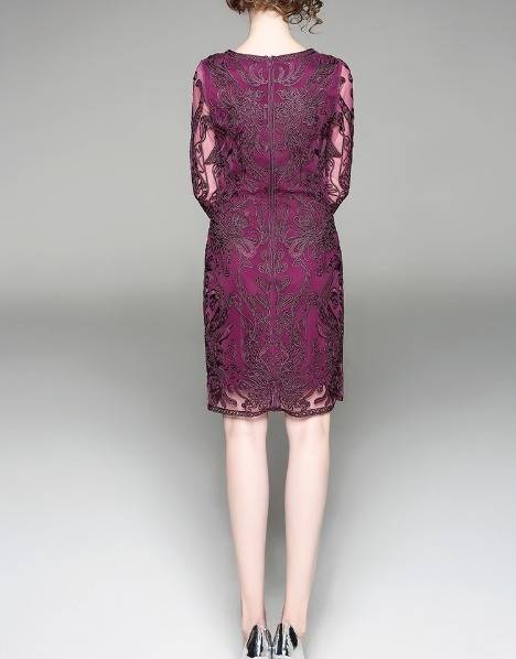 パーティードレス 立体感 刺繍 七分袖 2色 レース ボートネック ミニ丈