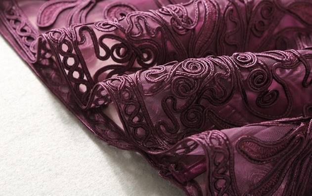 パーティードレス 立体感 刺繍 七分袖 2色 レース ボートネック ミニ丈