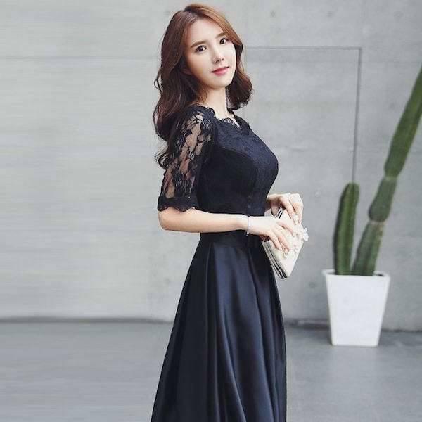 パーティードレス レース サテンスカート ロング ハイネック