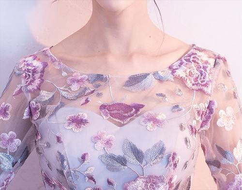 パーティードレス 花柄 オーガンジー 刺繍 ラベンダー ボート