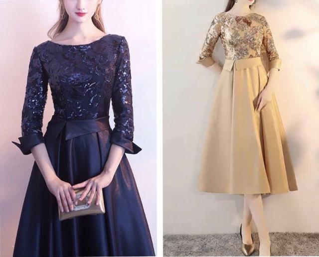 パーティードレス スパンコール 刺繍 サテン ５色 七分袖 ボートネック Aライン 膝下丈 ミディ丈 折り返し 可愛い イブニング パーティードレス スパンコール 刺繍 サテン 5色 七分袖 ボートネック