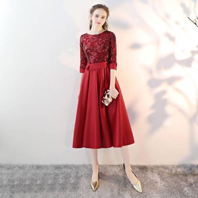 パーティードレス スパンコール 刺繍 サテン 5色 七分袖 ボートネック