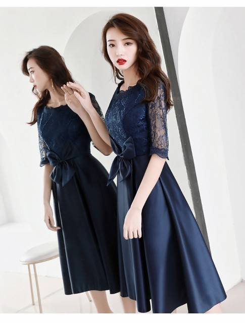 パーティードレス 3色 花柄 レース Uネック 五分袖 半袖 大きな