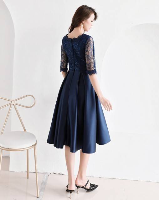 パーティードレス 3色 花柄 レース Uネック 五分袖 半袖 大きな