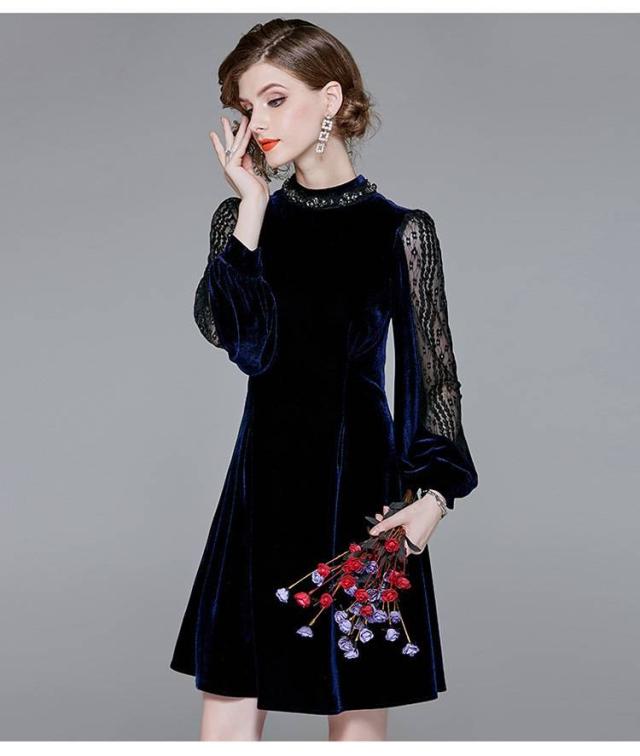 パーティードレス ベルベット レース切替 ビジュー ハイネック 長袖 異素材ミックス フレア Aライン ミニ丈 膝上丈 フェミニン パーティードレス ベルベット レース切替 ビジュー ハイネック 長袖 異