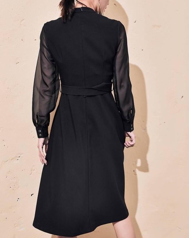 透け袖 ウエストベルト ミディアムフレアドレス シースルー 長袖 透け感 ハイウエスト Aライン 上品 エレガント 無地 ワントーンカラー