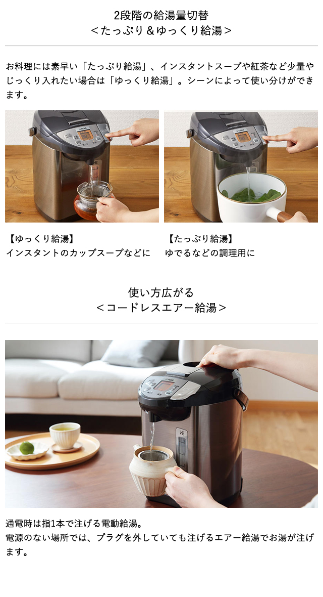 電気ポット 2.2L タイガー 蒸気レス 魔法瓶 保温 とく子さん PIW-A220T ブラウン  節電 メーカー保証 1年保証