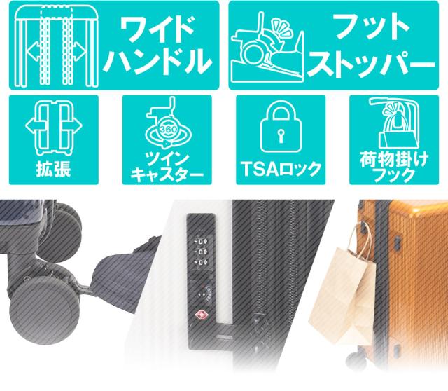 ワイドハンドル・フットストッパー・拡張・ツインキャスター・TSAロック・荷物掛けフック