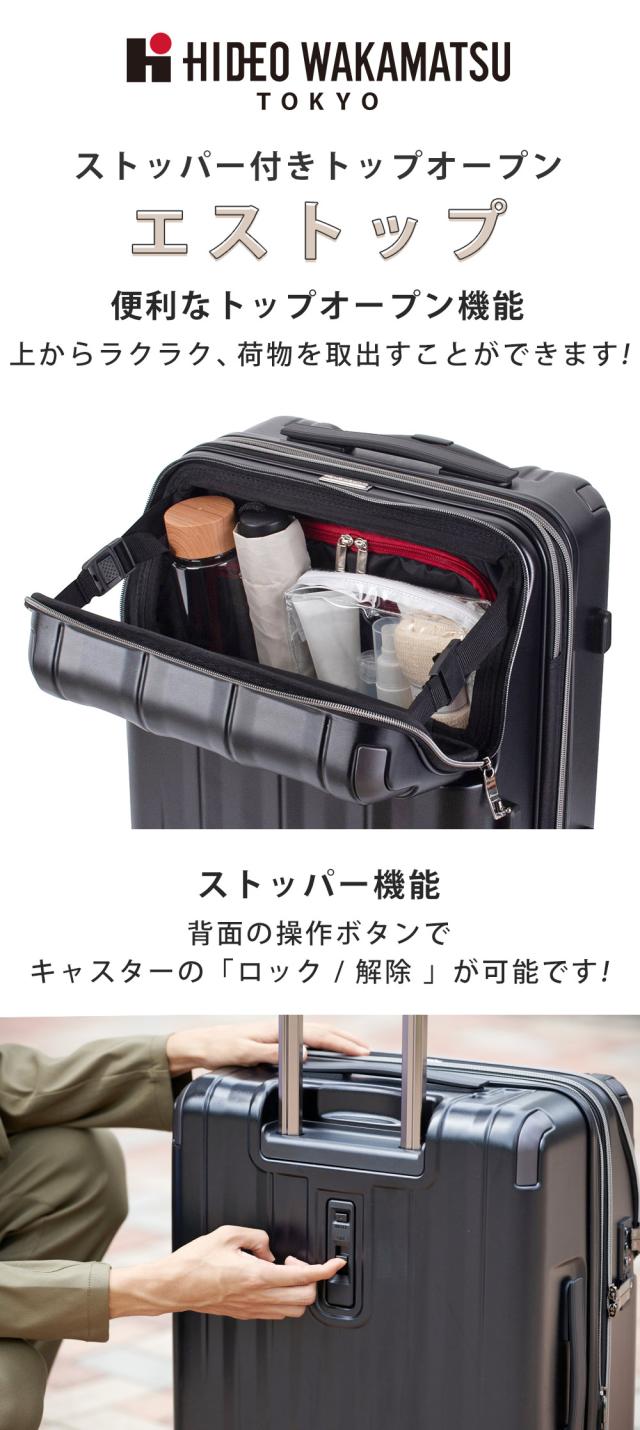 ストッパー付きトップオープン エストップ 便利なトップオープン機能 上からラクラク、荷物を取出すことができます! ストッパー機能 背面の操作ボタンでキャスターの「ロック/解除」が可能です!