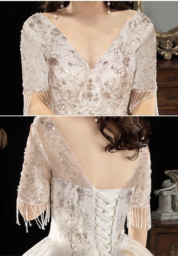 送料無料】ウェディングドレス 花嫁 大きいサイズ 袖あり Vネック