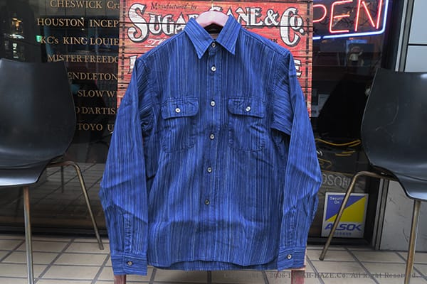 SUGAR CANE FICTION ROMANCE シュガーケーン カセ染め|インディゴストライプ|ワークシャツ『5.5oz. INDIGO STRIPE WORK SHIRT』【アメカジ・ワーク】SC29396
