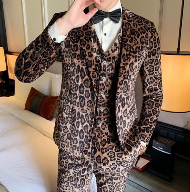 割引クーポン対象品 異素材ヒョウ柄総柄スリーピーススーツ セットアップスリムスーツ 3ピーススーツ メンズスリム スーツホストスーツ宴会結婚式二次会成人 人気特価激安 Www Centrodeladultomayor Com Uy