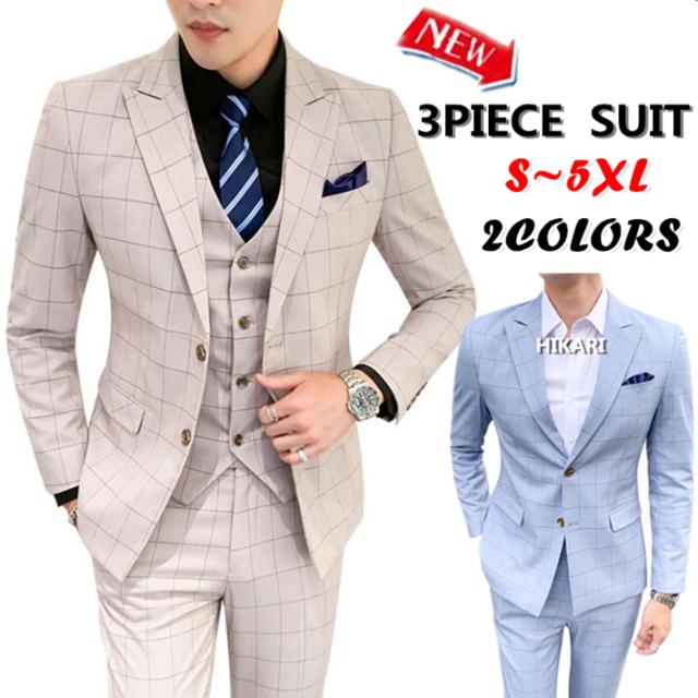 新作チェック柄s 5xl スリムスーツ スリーピース スーツ 人気ブランド多数対象 3ピースセットアップ 大きいサイズ成人式通勤入 メンズ
