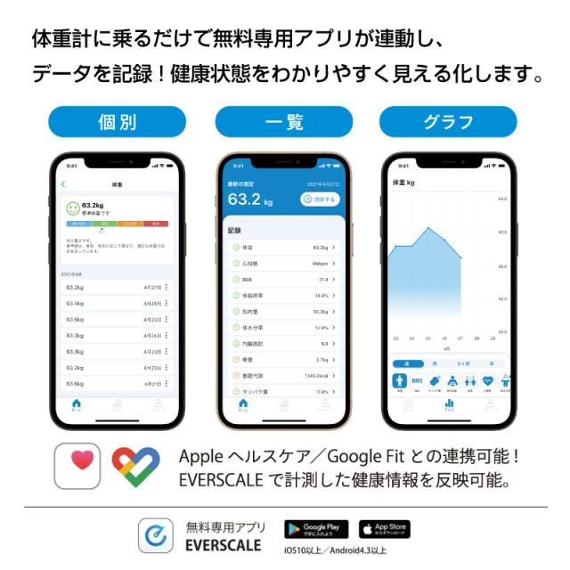 体重計 体組成計 EVERSCALE ホワイト|スマホ連動 bluetooth 14項目測定 体脂肪率 BMI 筋肉量 水分率 骨量 基礎代謝量 内臓脂肪 スマホアプリ 健康管理