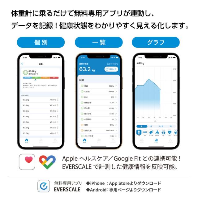 体重計 体組成計 EVERSCALE スマホ連動 bluetooth 14項目測定 体脂肪率 BMI 筋肉量 水分率 骨量 基礎代謝量 内臓脂肪 スマホアプリ 健康管理 黒 ブラック