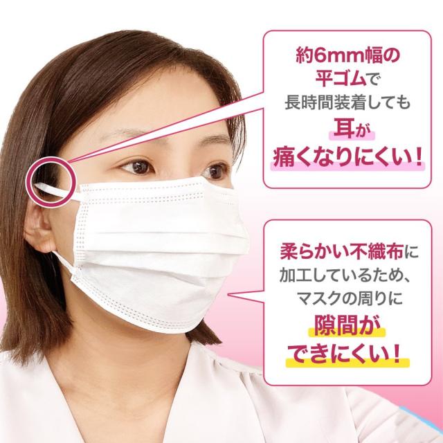 耳にやさしいサージカルマスク 小さめサイズ ホワイト 50枚入 99%カットフィルタ使用 | 長谷川綿行 耳が痛くない ウイルス 飛沫 女性 子供用 白 3層構造