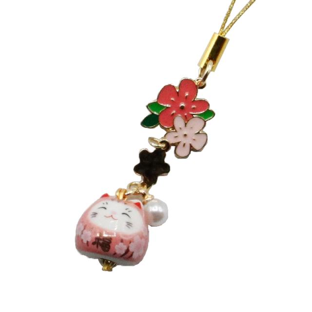 猫だるま 桜ストラップ キーホルダー