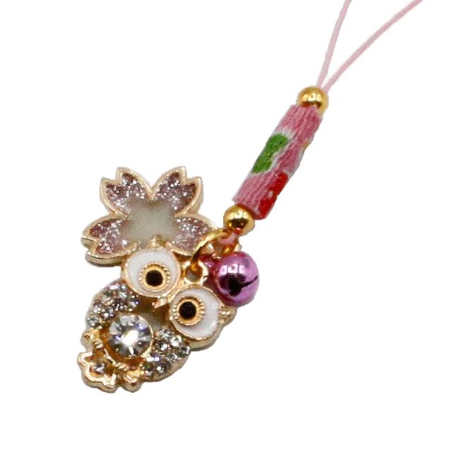 梟 フクロウ 桜ストラップ キーホルダー