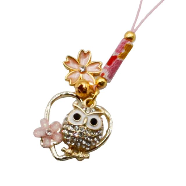 梟 フクロウ 桜ストラップ キーホルダー