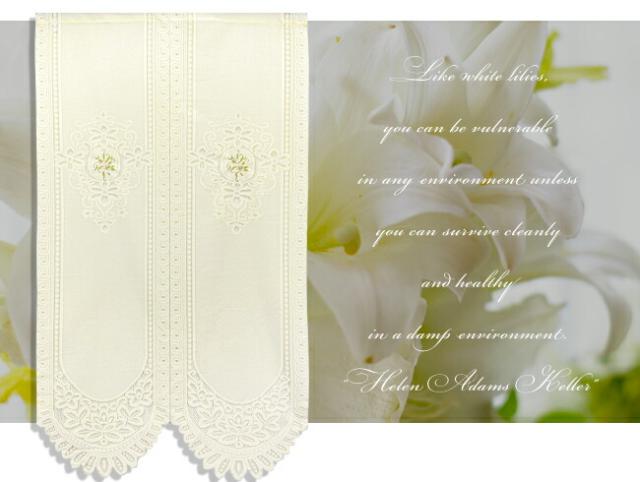 暖簾 カーテン タペストリー 間仕切り レース 洋風 おしゃれ かわいい 女性 女子力 クラシック ロマンチック エレガント  きれい 花柄 バテンレース 刺繍 百合 ユリの花 カサブランカ アマリリス