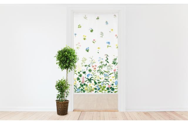 暖簾 norenn カーテン 間仕切り タペストリー パーテーション 目隠し インテリア 窓 ドア 扉 手描き 葉 リーフ 花 自然 植物 ボタニカル フラワー柄 アーティスティック ナチュラル 可愛い きれい ガーデン 庭 イングリッシュガーデン ハーブ