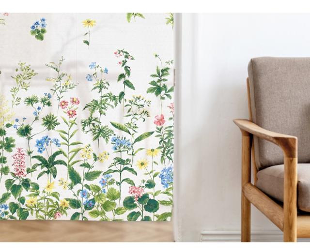 暖簾 norenn カーテン 間仕切り タペストリー パーテーション 目隠し インテリア 窓 ドア 扉 手描き 葉 リーフ 花 自然 植物 ボタニカル フラワー柄 アーティスティック ナチュラル 可愛い きれい ガーデン 庭 イングリッシュガーデン ハーブ