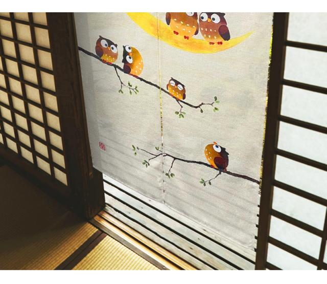暖簾 norenn カーテン 間仕切り 仕切りカーテン メッセージ暖簾 タペストリー スクリーン 目隠し 和風暖簾 和風 和柄 和室 和モダン ふくろう 満月 円熟 円満 招福 吉祥 福来郎 不苦労 縁起物 JAPANESE NIPPON