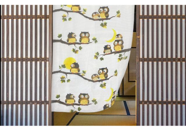 暖簾 norenn カーテン 間仕切り 仕切りカーテン メッセージ暖簾 タペストリー スクリーン 目隠し 和風暖簾 和風 和柄 和室 和モダン ふくろう 三日月 円熟 円満 招福 吉祥 福来郎 不苦労