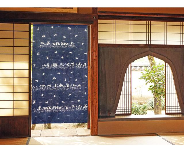 暖簾 norenn カーテン 間仕切り 仕切りカーテン スクリーン タペストリー 目隠し 和風暖簾 和風 和柄 和室 和モダン 和風モダン レース 日本 兎 うさぎ 風水 招福 藍色 紺 japanese nippon