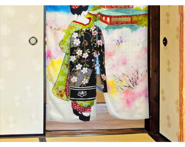 暖簾 norenn カーテン 間仕切り 仕切りカーテン タペストリー スクリーン 目隠し 和風暖簾 和風 和柄 和室 和モダン 京文化 芸者 芸妓 着物 富士 春 桜 日本の春 季節 だらり帯 五重塔 世界遺産 文化遺産 Mt.Fuji GEISHA MAIKO NIPPON JAPAN