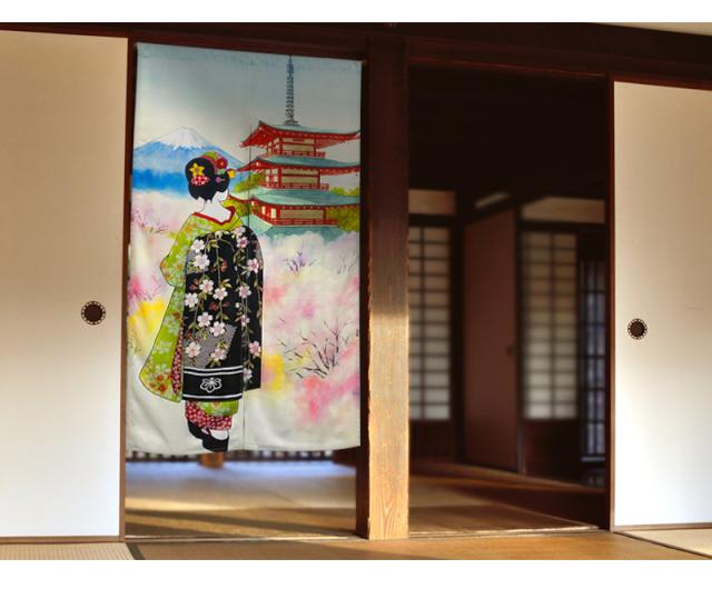 暖簾 norenn カーテン 間仕切り 仕切りカーテン タペストリー スクリーン 目隠し 和風暖簾 和風 和柄 和室 和モダン 京文化 芸者 芸妓 着物 富士 春 桜 日本の春 季節 だらり帯 五重塔 世界遺産 文化遺産 Mt.Fuji GEISHA MAIKO NIPPON JAPAN