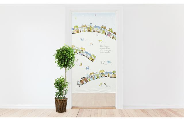 暖簾 norenn カーテン 間仕切り 仕切りカーテン スクリーン タペストリー 目隠し ねこ にゃんこ 猫 Cat ヨーロッパ 街並み かわいい レトロ  リビング ダイニング キッチン 寝室 廊下 階段下 インテリア