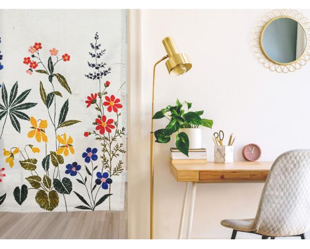 暖簾 norenn カーテン 間仕切り 仕切りカーテン メッセージ暖簾 タペストリー スクリーン 目隠し 癒し かわいい 厚手生地 ナチュラル 刺繍 北欧風 フラワー ボタニカル かわいい 花柄