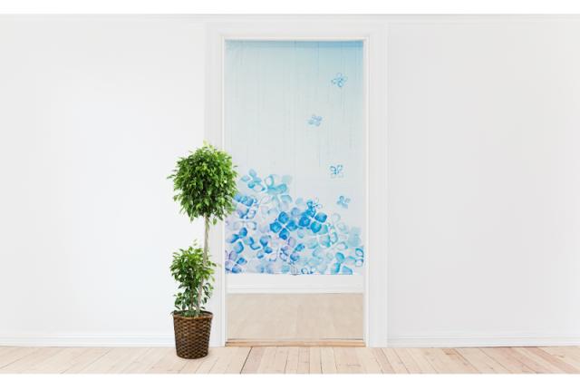 暖簾 norenn カーテン 間仕切り 仕切りカーテン タペストリー 目隠し 雨 紫陽花 花 フラワー 水彩 おしゃれ 梅雨 6月 季節 夏 初夏 さわやか 涼しげ 雨柄