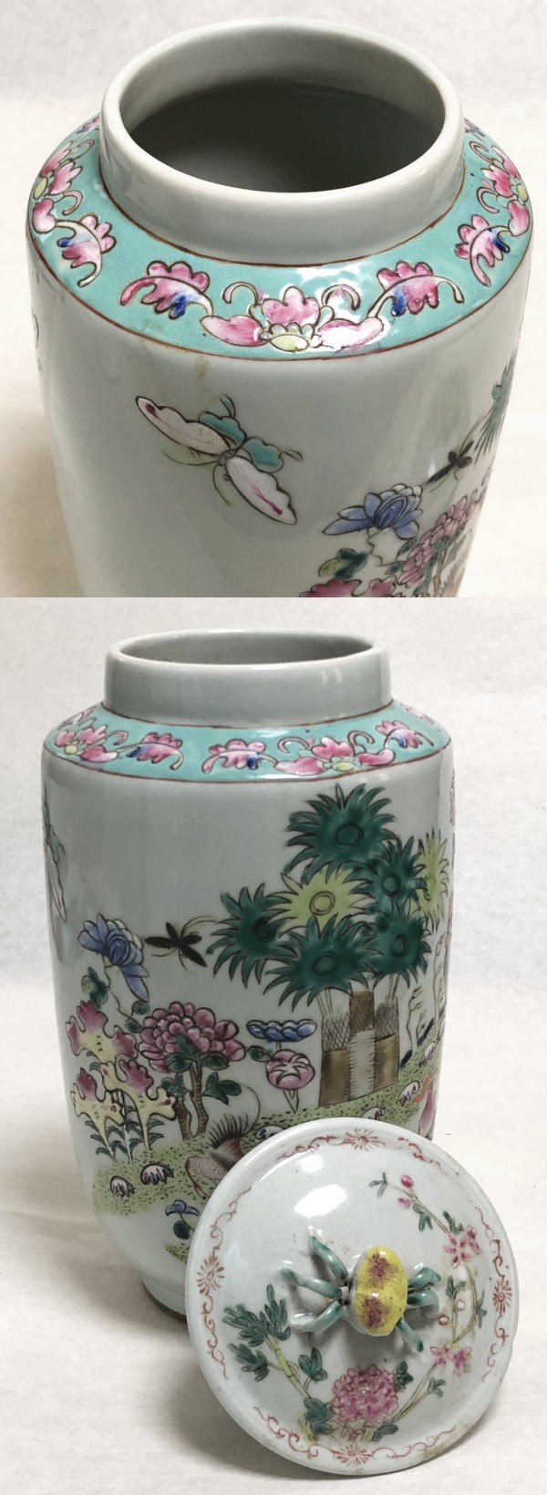 民国 色絵染付 鶏花蝶図色絵蓋物 伝世品焼物 無傷完品 ウブ品 入手困難 