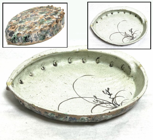 古美術 大振り鮑貝形水盤 花器 華道具 ウブ品 日本古玩 伝世品焼物 