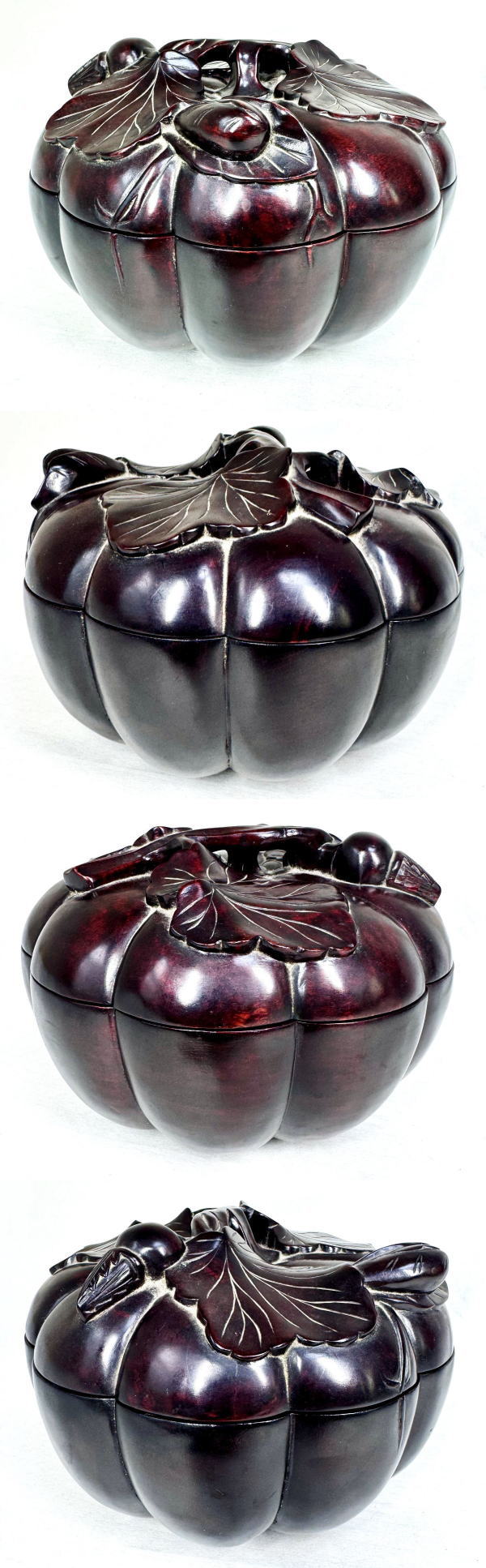 時代物 大紅酸枝木 手彫り南瓜形蓋物 約1681g 唐物 大菓子器WWWT044