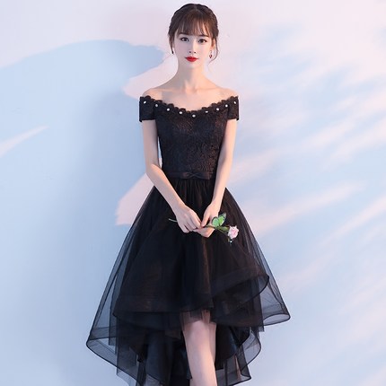 半袖 ひざ上丈 変形裾 ワンピース ドレス ブラック シック パーティドレス 結婚式ドレス 送料無料 靴