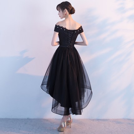 半袖 ひざ上丈 変形裾 ワンピース ドレス ブラック シック パーティドレス 結婚式ドレス 送料無料 後ろ