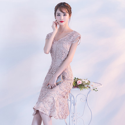 半袖 ひざ丈 柄ワンピース ドレス ピンクベージュ パーティドレス 結婚式ドレス 送料無料 鞄