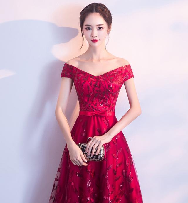 半袖　ロング丈　肩見せ　ワンピース　ドレス　ワインレッド 華やか ドレッシー 肩出し パーティドレス　結婚式ドレス 送料無料 Aライン