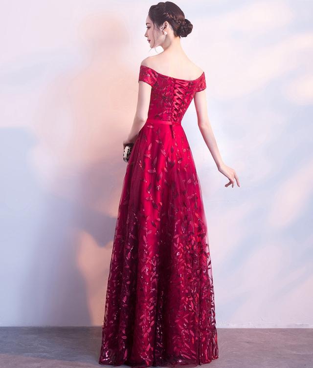 半袖　ロング丈　肩見せ　ワンピース　ドレス　ワインレッド 華やか ドレッシー 肩出し パーティドレス　結婚式ドレス 送料無料 コーデ