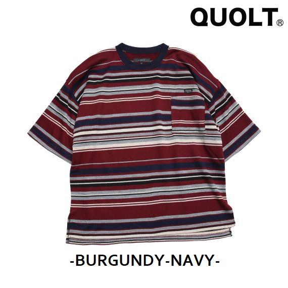 QUOLT 5部袖 ニット Tシャツ ボーダー ユニセックス マルチボーダー状 BORDER KNIT BURGUNDY-NAVY 通勤 通学 旅行 フェス 誕生日 プレゼント 901T-1661 QUOLT 5部袖 ニット Tシャツ ボーダー ユニセックス マルチボーダー状