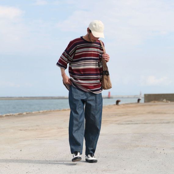 QUOLT 5部袖 ニット Tシャツ ボーダー ユニセックス マルチボーダー状 BORDER KNIT BURGUNDY-NAVY 通勤 通学 旅行 フェス 誕生日 プレゼント 901T-1661 QUOLT 5部袖 ニット Tシャツ ボーダー ユニセックス マルチボーダー状