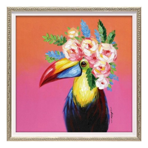 オイルペイントアート 動物画 トロピカルフラワー Sサイズ ギフト 額付き インテリア 取寄品