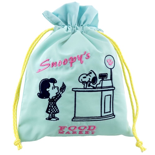 スヌーピー 巾着袋 刺繍 きんちゃくポーチ Delicious Food Market ライトブルー ピーナッツ キャラクター グッズ メール便可